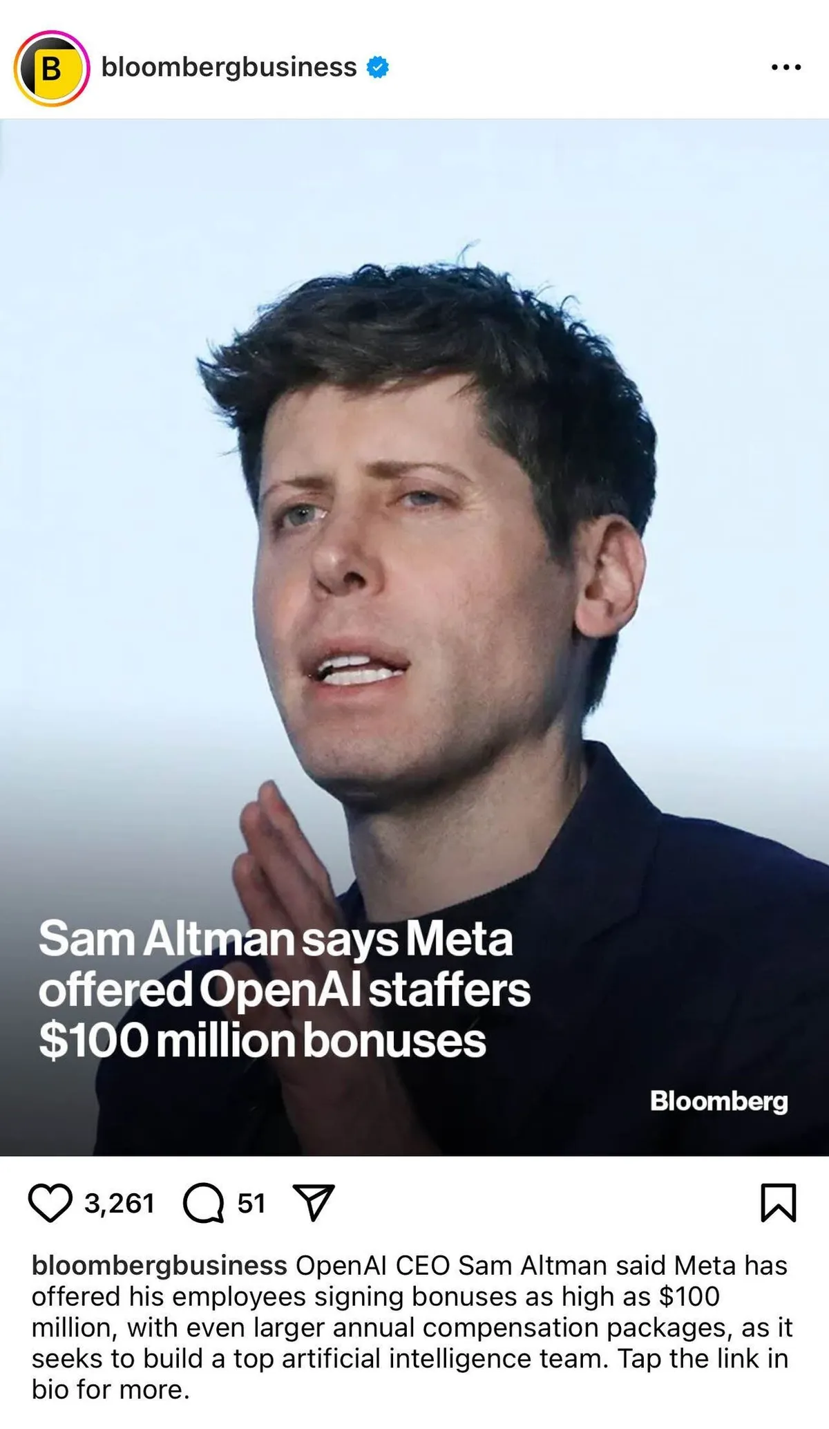 Sam Altman says Meta offered OpenAl staffers $100 million bonus | Tech ...
