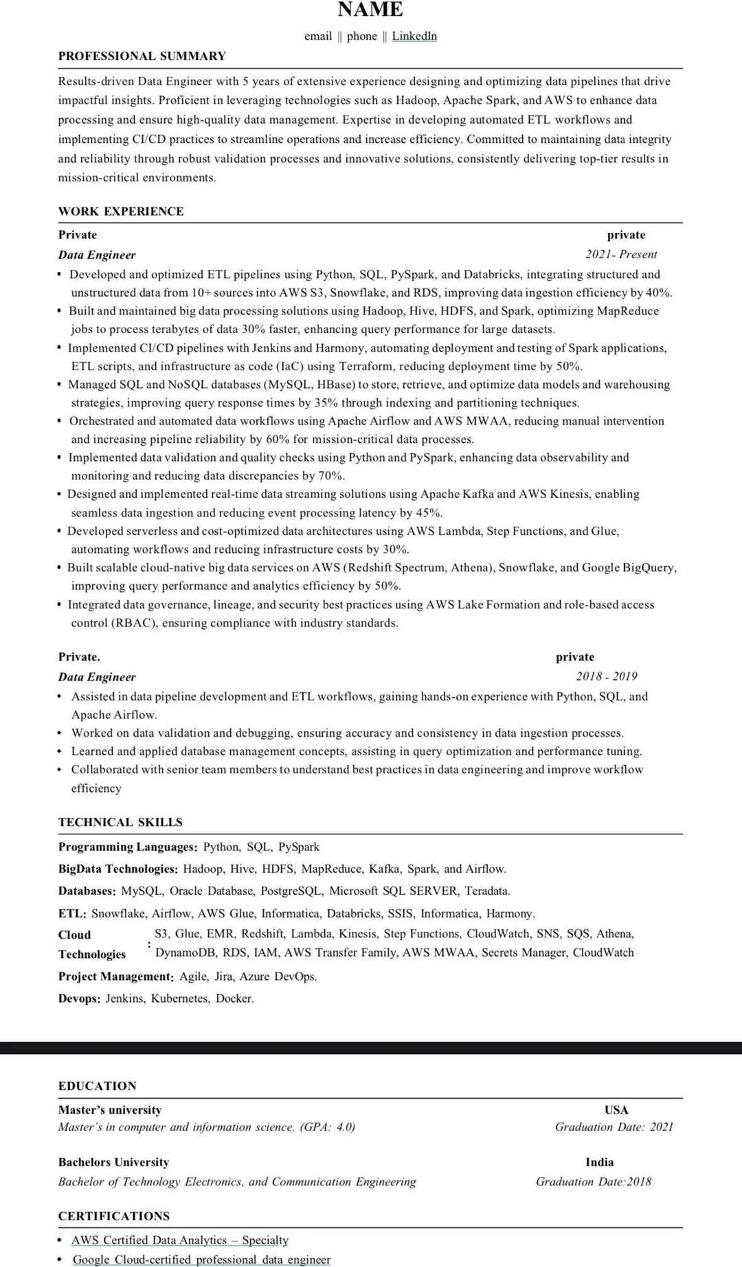 Data engineer Resume review - Looking for feedback from fellow ...