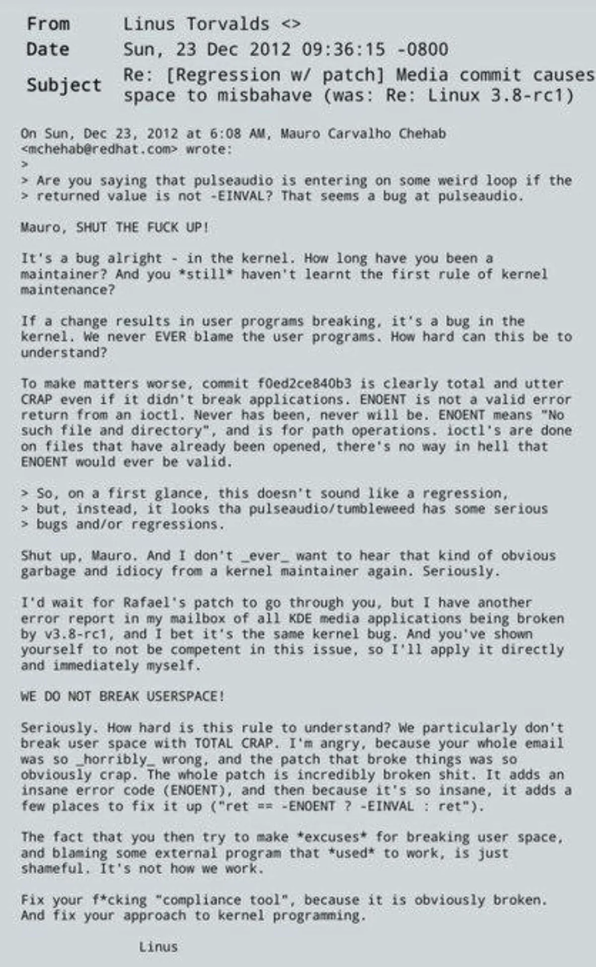 This Linus email is 🌶️ but I wish we were so candid in software ...